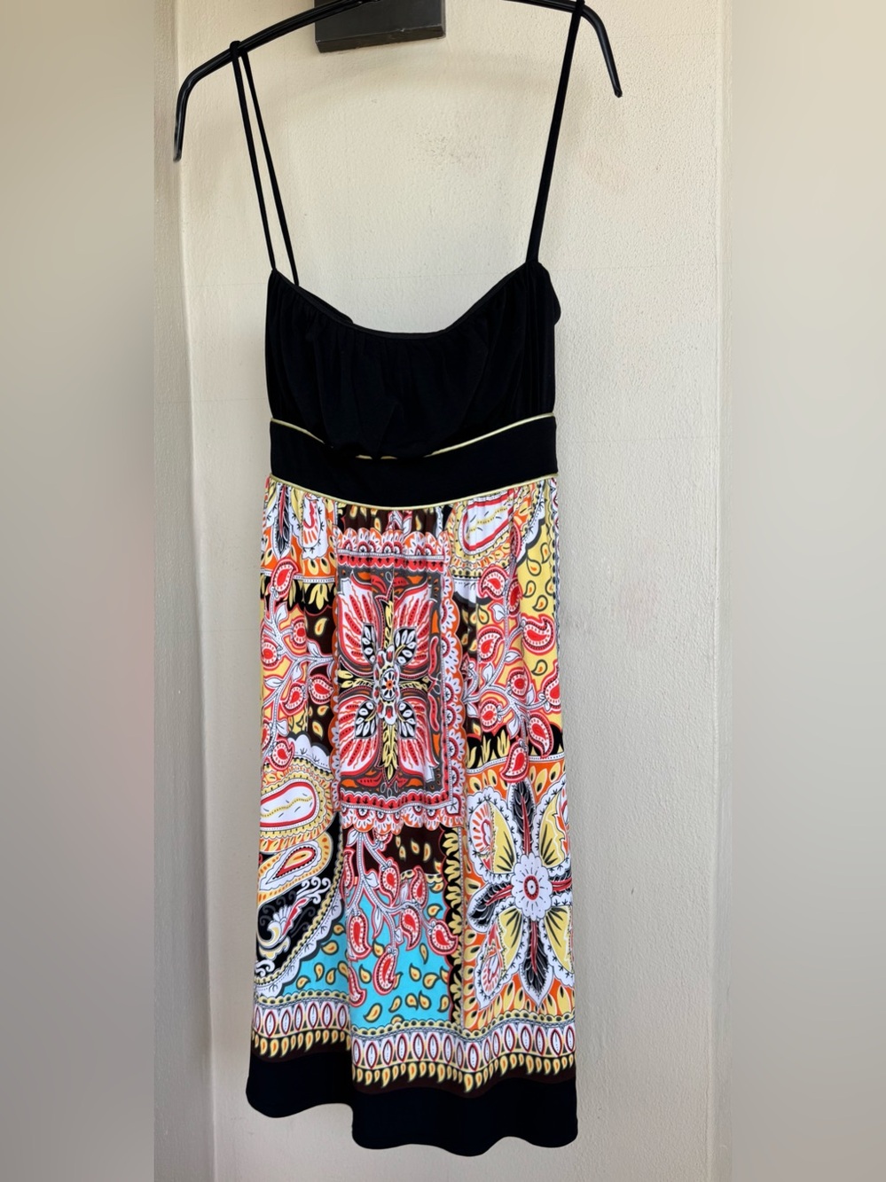 Jodi Kristopher Sundress Black Ruched Bodice Multicolor Paisley Tie Back Large
